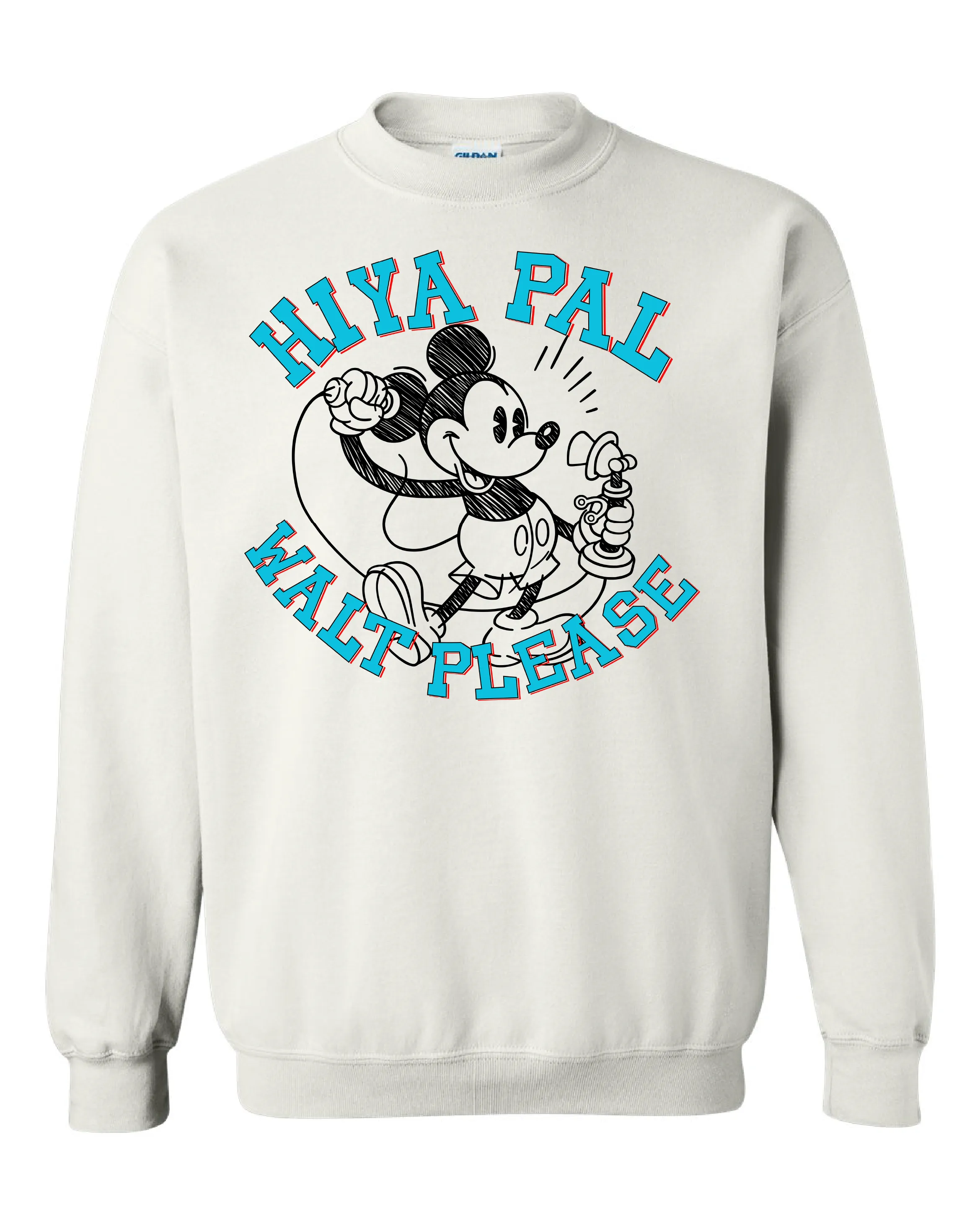 White crewneck sweatshirt with cartoon mouse and Hiya Pal Walt Please text in blue and red.